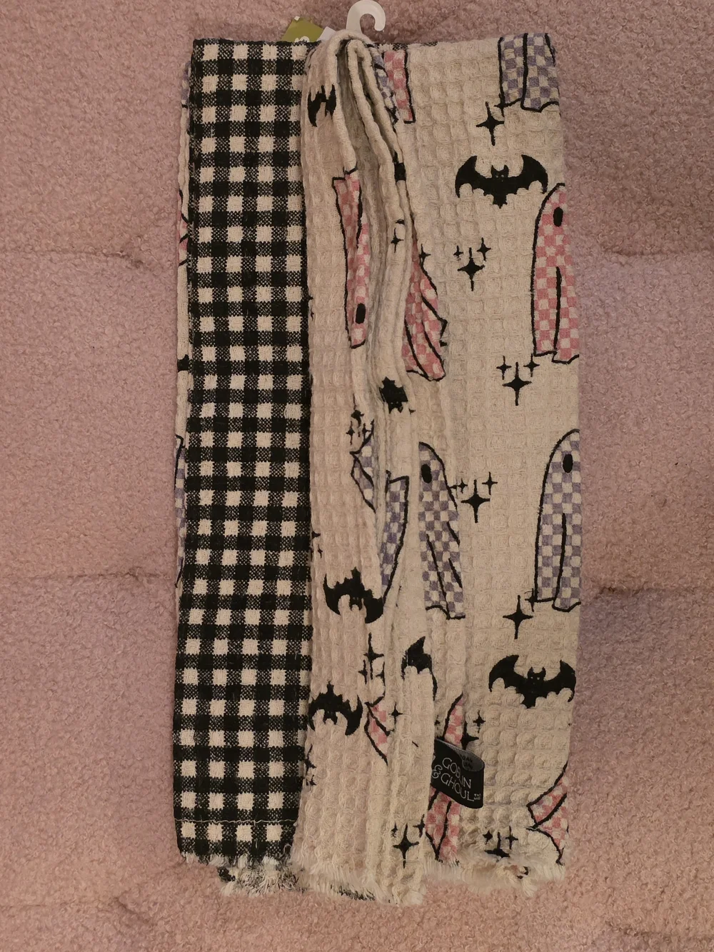 Goblin & Ghoul branded waffle weave Ghost And Bats kitchen towels